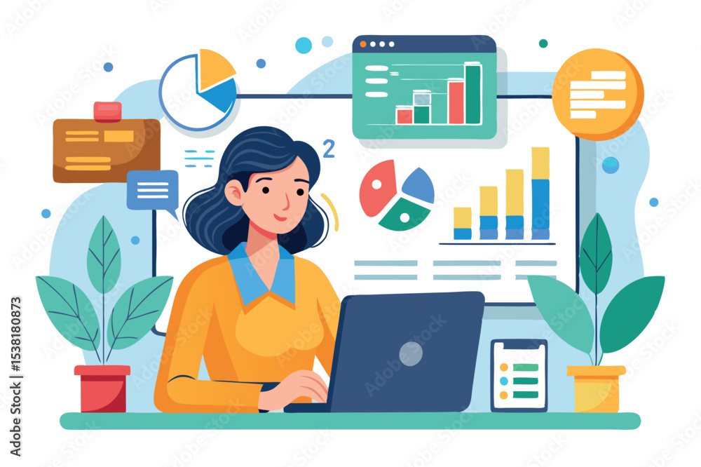 Poster professional woman working on data analytics at her desk with charts and graphs displayed