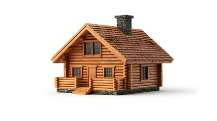 Cozy rustic wooden house with a steep roof and chimney, detailed log cabin exterior, set on a white background, ideal for home and construction themes
