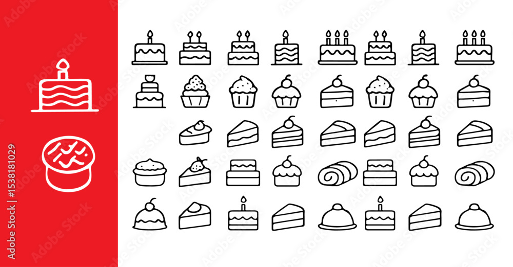 Poster collection of outline drawings of cakes cupcakes and slices on a red background design elements set