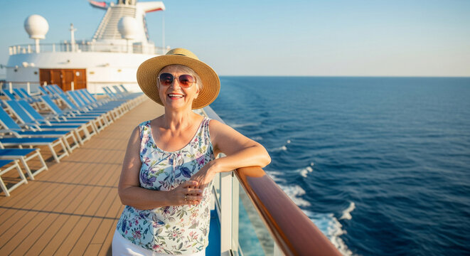 Portrait of happy senior pensioner woman in straw hat enjoying summer vacation on deck of cruise ship, concept of summer vacation and sea cruise for seniors. Hello summer. Pensioner vacation.