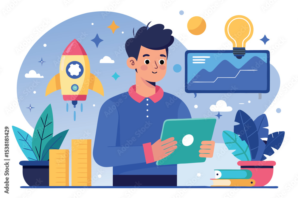 Poster man using tablet while surrounded by plants and rocket in a creative workspace