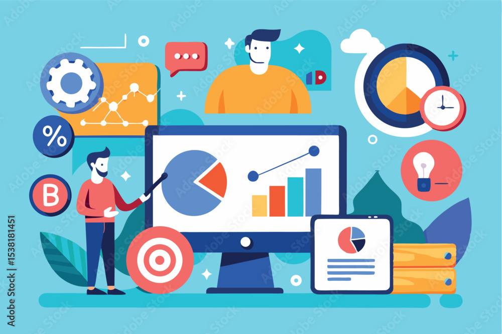 Poster data analysis in a modern workspace with charts, graphs, and technology tools used for business pres