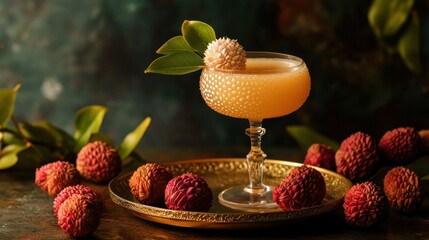 Lychee cocktail in textured glass with fruit garnish on golden tray