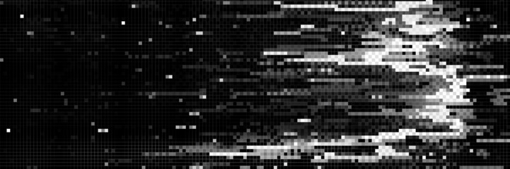Digital pixel glitch effect - distorted monochrome noise pattern with data corruption aesthetic. White horizontal lines on black static bg for cyberpunk design, tech error screen or retro computer art