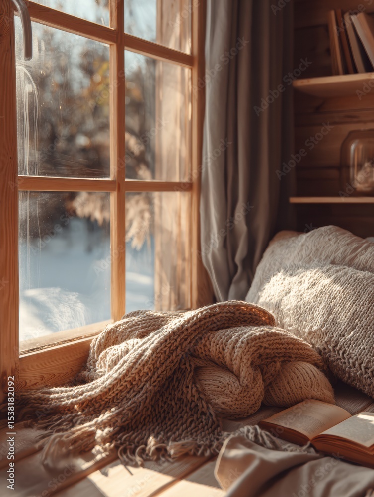 Poster warm modern room with open window and cozy blanket inviting relaxation and comfort in a safe space d