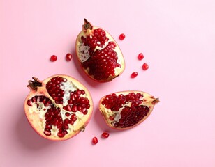 Two Halved Pomegranates and Arils on Pink Background
