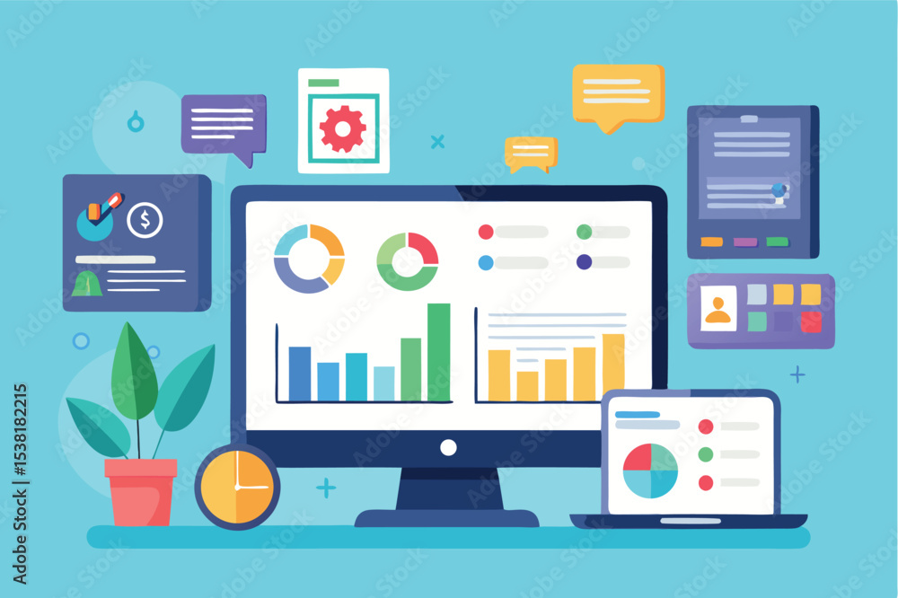 Poster data analysis and visualization on computer screens in a modern office setting