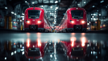 Two trains are on a train track with a bright orange train in the middle