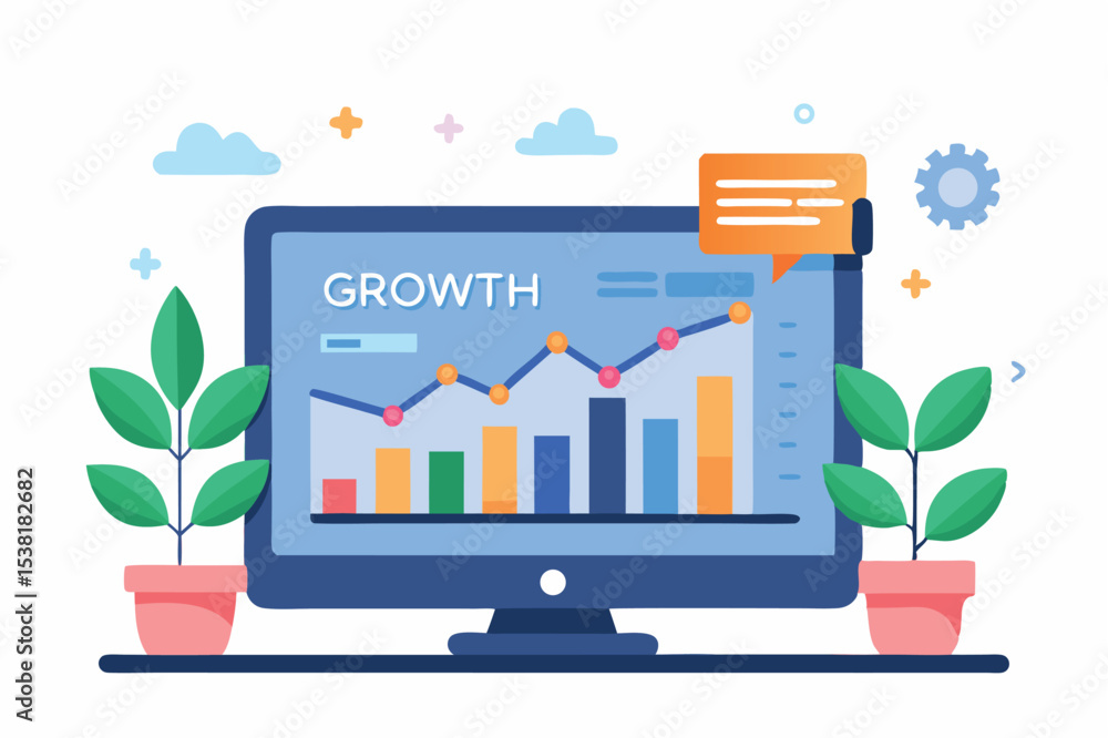 Poster business growth analysis displayed on a computer screen with graphs and plant decorations in a moder