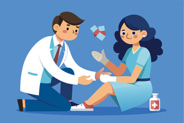 Obraz premium Medical professional helps patient with bandage on foot during clinic visit in bright setting