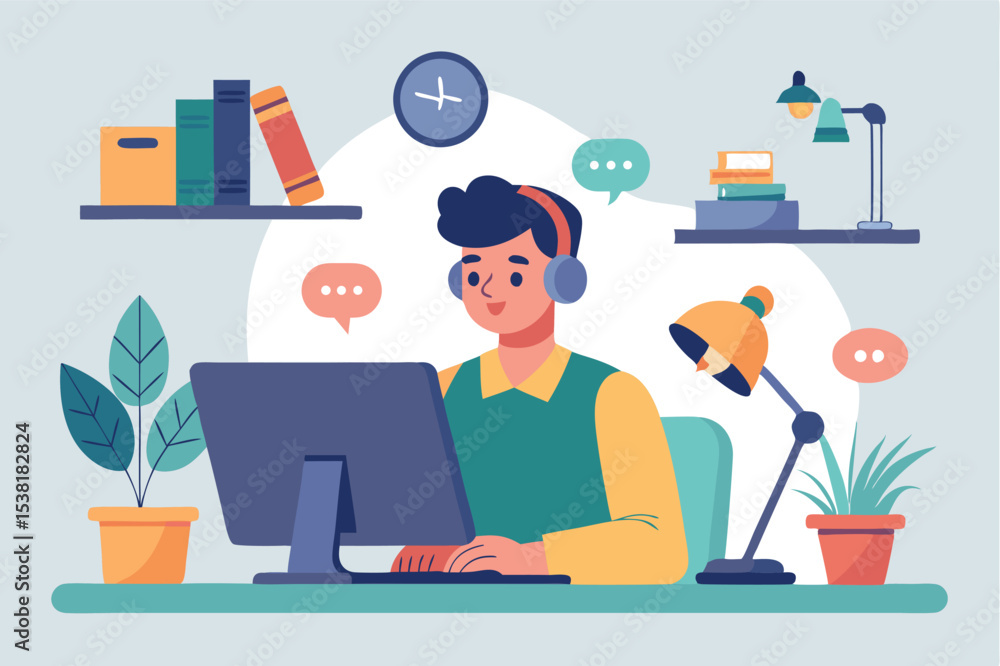 Poster young man working at a desk with computer and books in home office during daytime