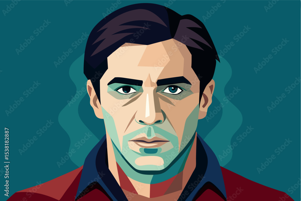 Poster portrait of a serious man in a stylized design with bold colors, emphasizing facial features and exp