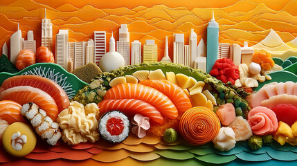 A colorful, artistic food arrangement depicting a city skyline, crafted from various types of sushi and other treats.