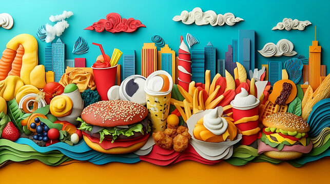 Naklejki Colorful paper cutouts of fast food and city skyline.