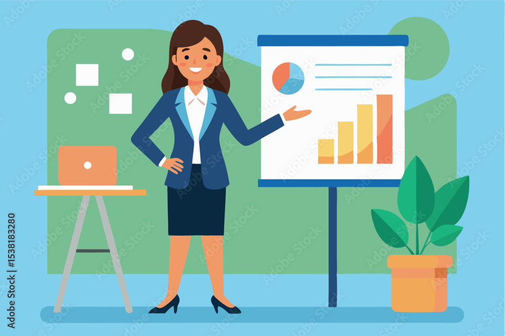 Poster professional woman presenting data in a business setting with charts and graphs during a meeting