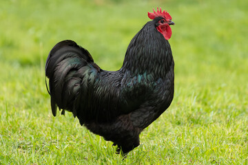Schwarzer Hahn auf einer Wiese, seitliches Profil 