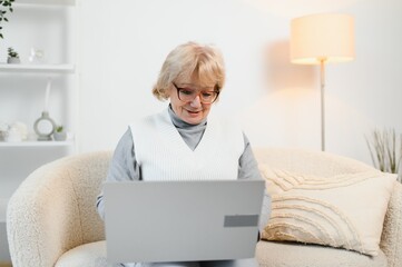 Beautiful happy smiling gray haired mature woman in glasses in front of laptop screen. Pensioner using modern technology