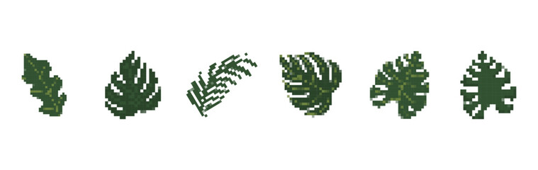 Set of pixel icons for games.Jungle illustration.Summer palm leaf vector green plant, exotic nature set isolated on white background.Pixel loot items award objects for retro video game design