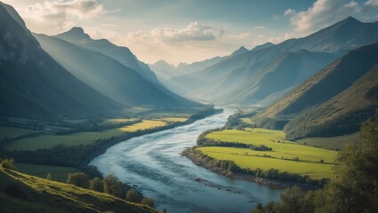 Breathtaking view of mountains and river in the valley during a sunny daytime in a serene natural landscape