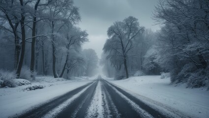 A snowy road in winter with snow-covered trees and overcast sky. Cold weather scene. Winter landscape with snow and bare trees.