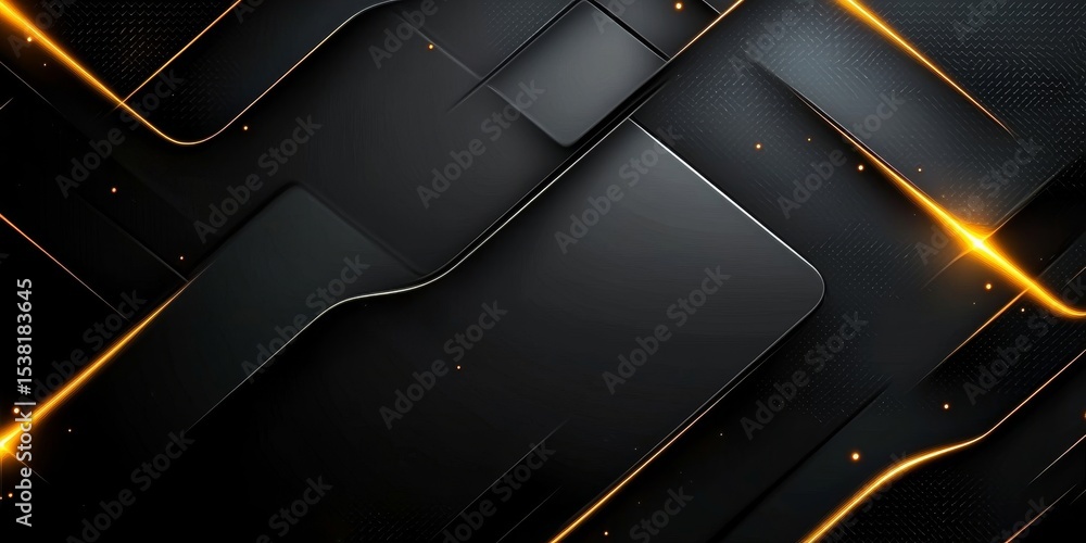 Poster sleek black abstract tech style backdrop with geometric patterns and golden light accents design