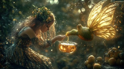Forest Nymph Offering Golden Nectar to a Glimmering Butterfly in Enchanted Woods