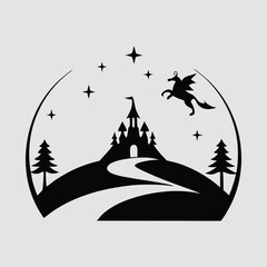 Fairy Tale Fantasy Silhouette Scene with Castle, Knight, and Dragon