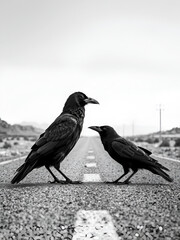 Fototapeta premium Two black ravens on barren desert road. Monochrome wildlife scene with crows facing each other. Symbolic image of choice, destiny, or crossroads concept for book cover or poster