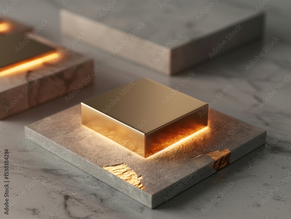 Poster golden cube on concrete platform with light effect