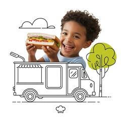 Enfant heureux mangeant un sandwich devant un food truck

