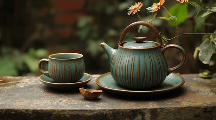 Serene Teal Tea Set Real Aesthetic Wallpaper Background for Calm Vibes