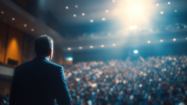 A presenter commands the stage, exuding confidence and expertise in a corporate setting.