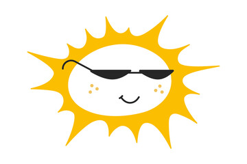 Happy sun face in sunglasses cartoon smile. Funny vector illustration. Bright comic sticker.