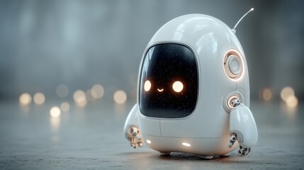 Cute, futuristic robot with glowing eyes and a rounded design set against a softly lit background.