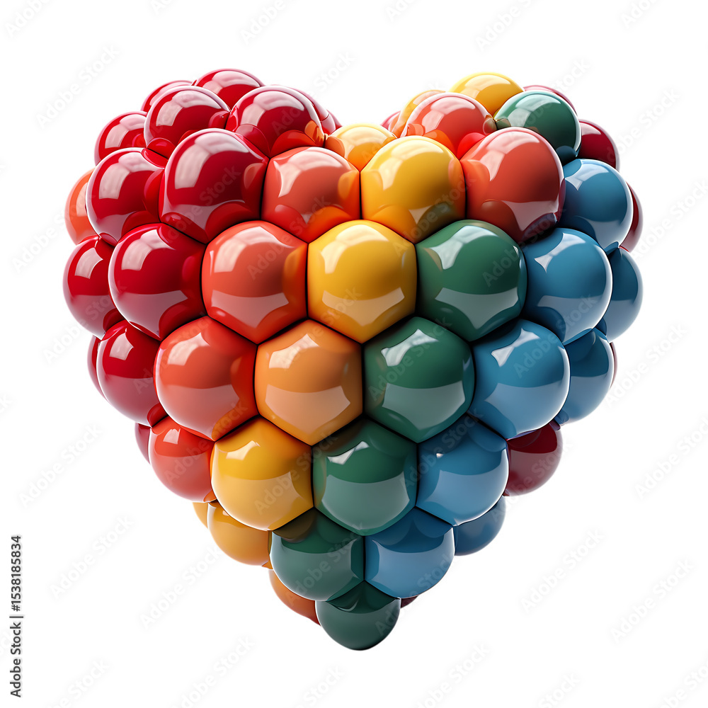 Poster A heart shape formed by colorful hexagonal bubble arrangement isolated on transparent background