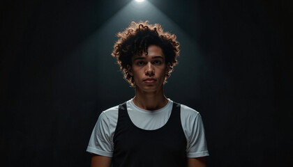 Young man standing confidently in spotlight against dark background  