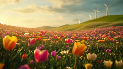 Vibrant Tulip Field with Wind Turbines in the Distance