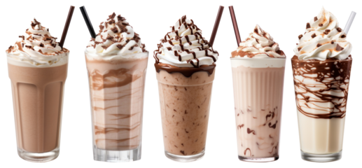 PNG Delicious creamy chocolate milkshakes variety, element set on transparent background
