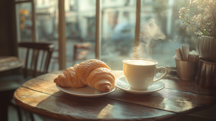 Warm Morning Coffee and Croissants Real Aesthetic Wallpaper Background