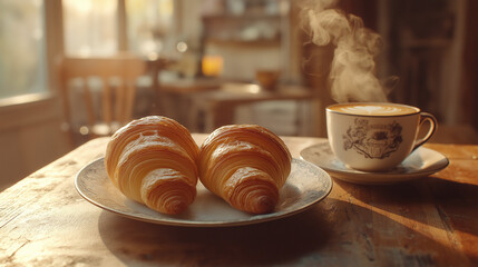 Warm Morning A Real Aesthetic Wallpaper Background of Coffee and Croissants