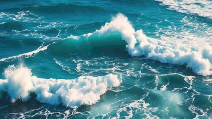 Aerial view of waves in ocean splashing, blue clean wavy sea water with empty space for text