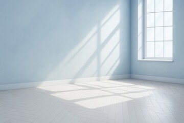 Obraz premium Minimalist empty room with soft blue walls, large window, and bright natural sunlight casting shadows across light herringbone wood flooring