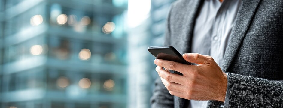 Business man using smart phone in office space background and copy space. High quality