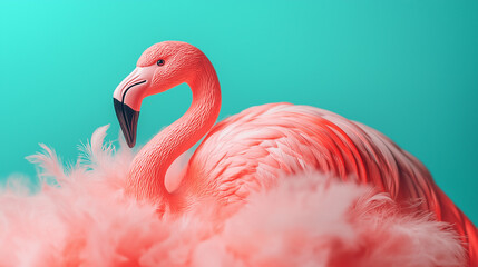 Fototapeta premium A plastic pink flamingo on a pile of pink feathers, on a blue background 