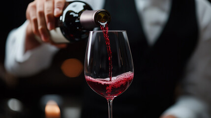 A professional waiter pours red wine into a glass indoors, closes it