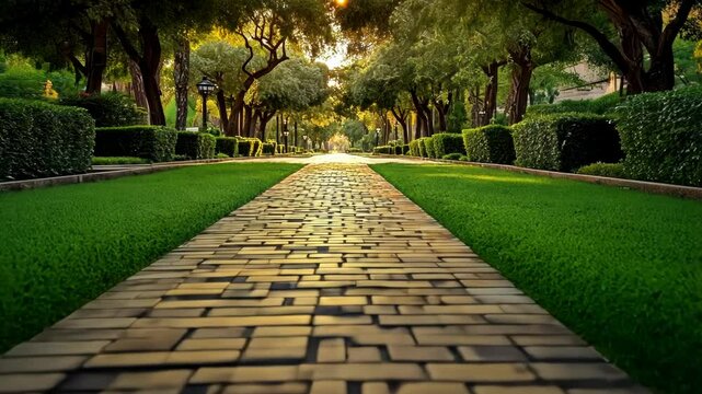 Golden pathway lined by trees and hedges in a park at sunset