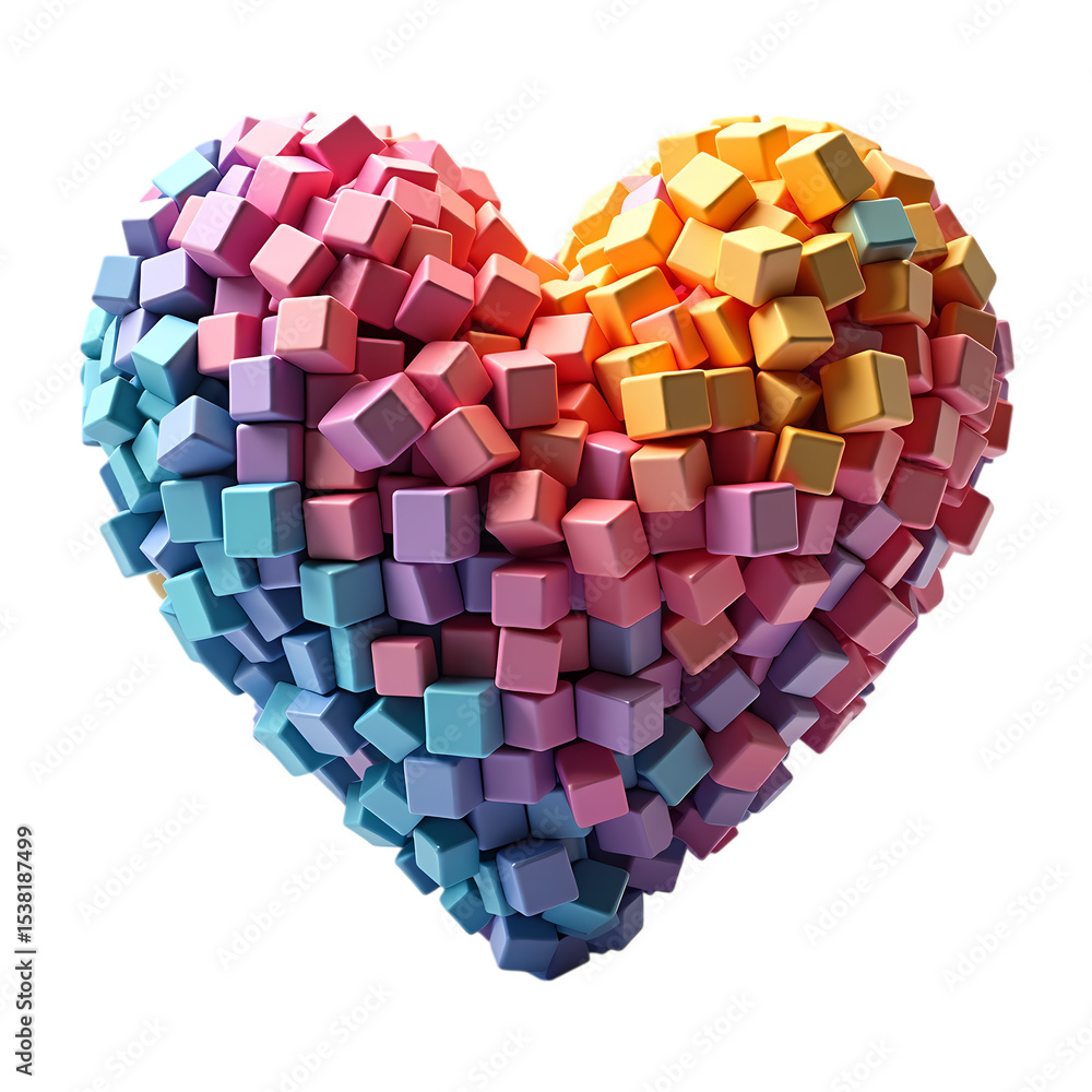 Poster a heart shape formed by many colorful small cubic elements isolated on transparent background