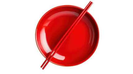Red plastic plate with traditional Chinese chopsticks isolated on white background
