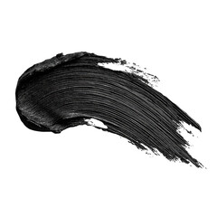A dark, inky black smear of cosmetic product, possibly mascara, is shown against a pure black background, exhibiting a textured, slightly glossy finish and irregular brushstroke pattern