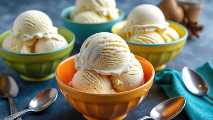 Vanilla Ice Cream In Bright Bowls